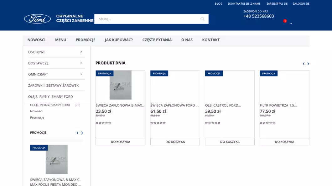 Zrzut ekranu strony Części samochodowe FORD | Sklep internetowy Ford Auto Styl