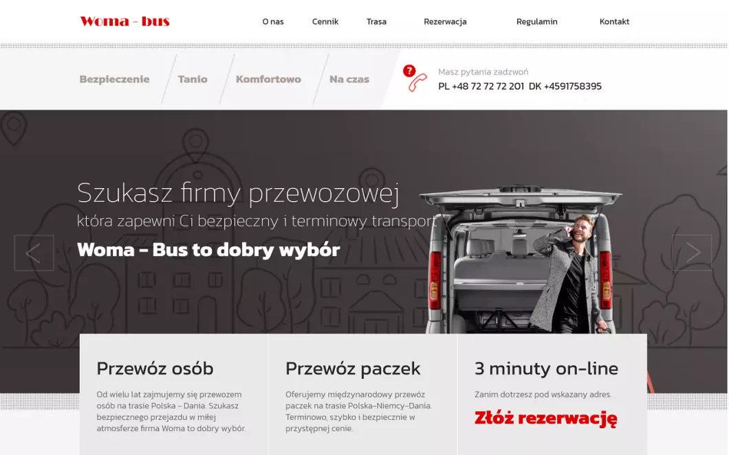 Zrzut ekranu strony Woma-Bus - busy Polska Dania