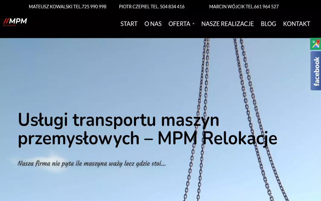 Zrzut ekranu strony Usługi transportu maszyn przemysłowych MPM Relokacje