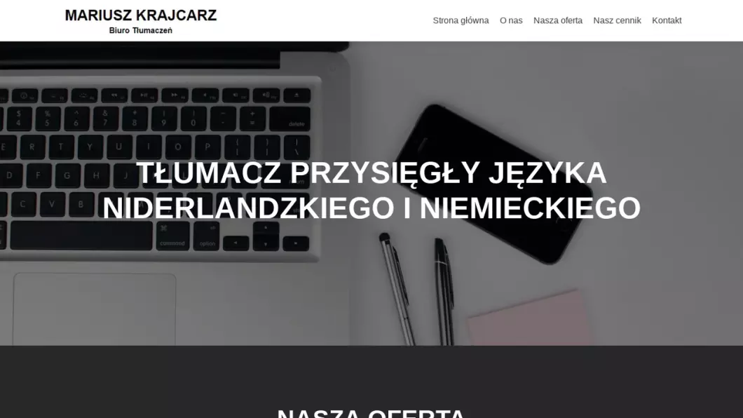 Zrzut ekranu strony Mariusz Krajcarz - Tłumacz Przysięgły języka niderlandzkiego