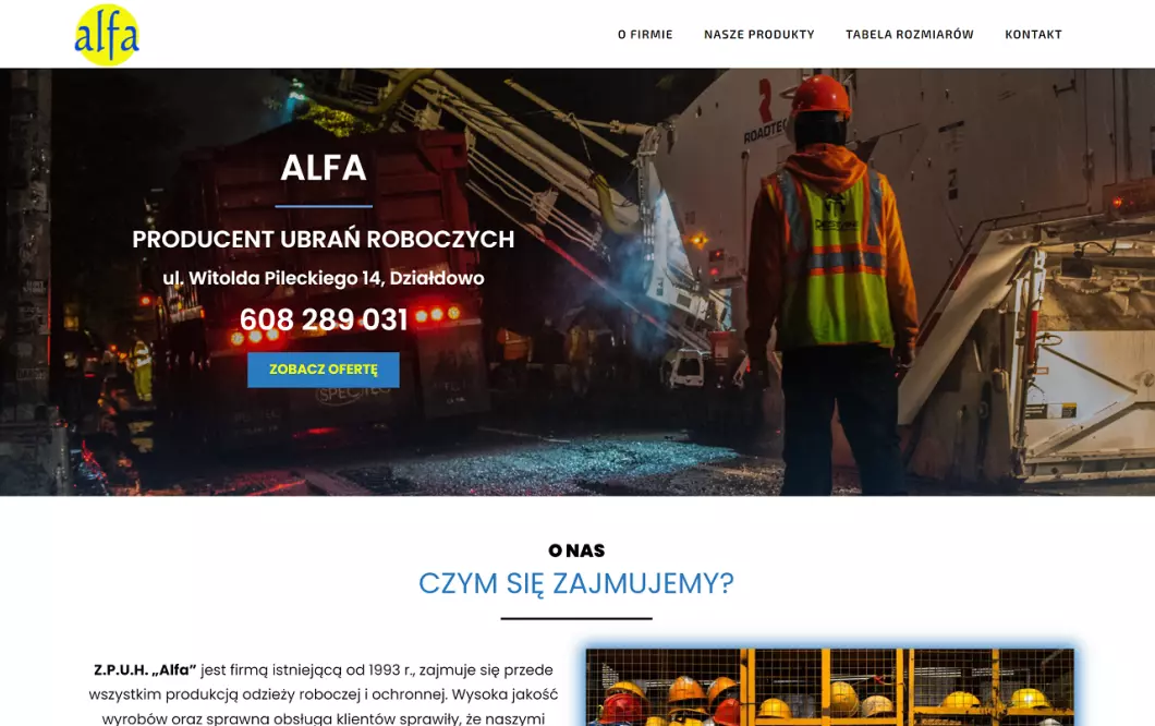Zrzut ekranu strony Sklep z odzieżą roboczą Alfa