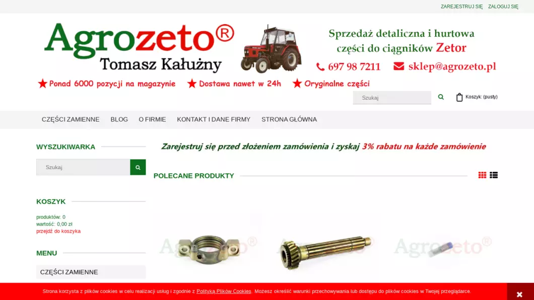 Zrzut ekranu strony Części do ciągników Zetor Agrozeto