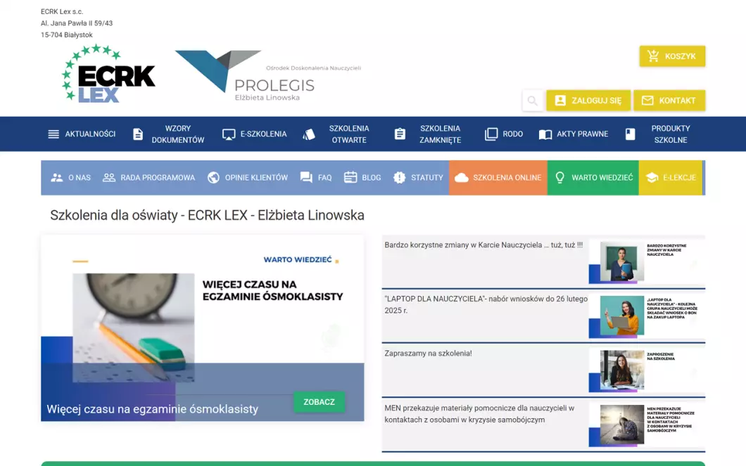 Zrzut ekranu strony Szkolenia dla oświaty - ECRK LEX